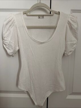 Free People White Puff Sleeve Scoop Neck Bodysuit